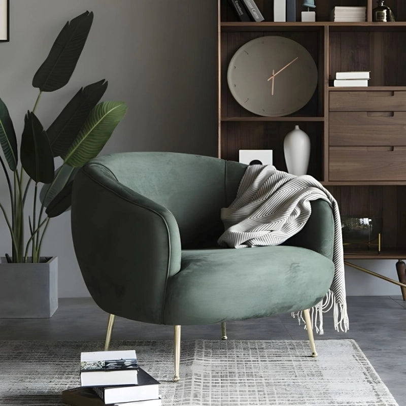 Green single couch chair with gold legs, comfort chair, sofa & chair, velvet upholstery