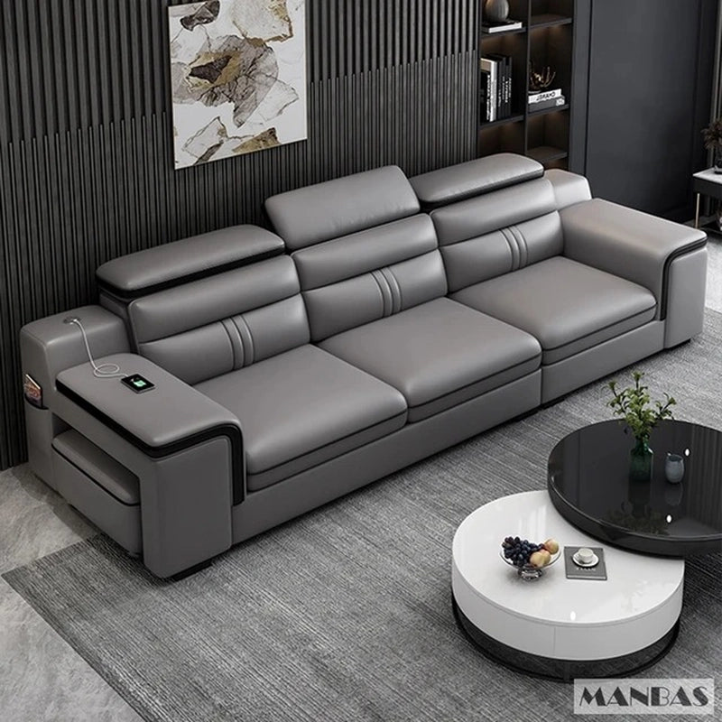 Modern sofa bed design in grey with mustard cushions, sleeper sofa, rectangular shape