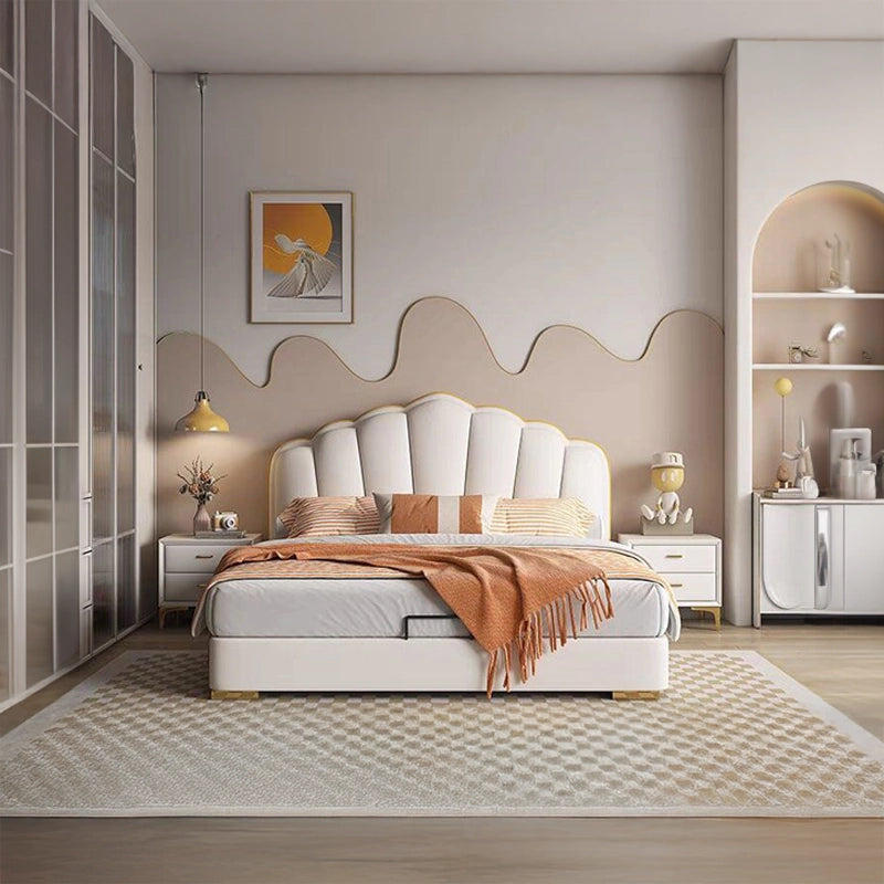 White leatherette headboard with gold trim – modern bed design + bed frame (king size)