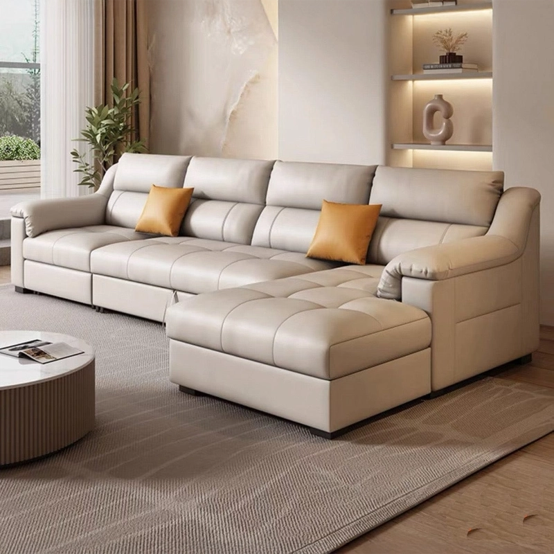 Beige L shape sofa cum bed design with convertible sofa bed and quilted stitching