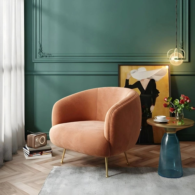 Plush velvet chair with rounded shape, reading armchair, single seater sofa, gold legs