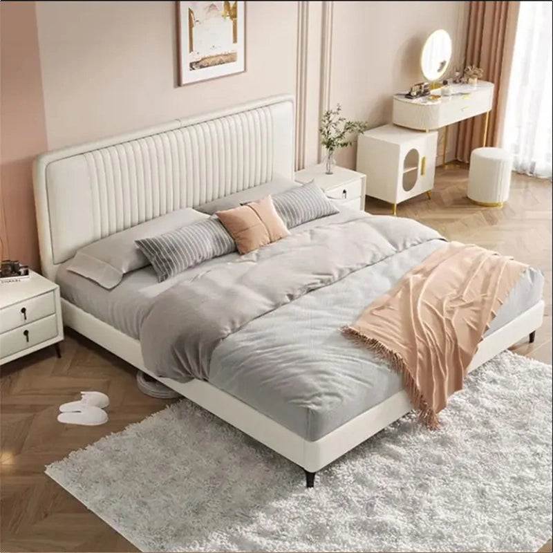 Off-white leatherette bed frame with modern bed design and new bed design styling