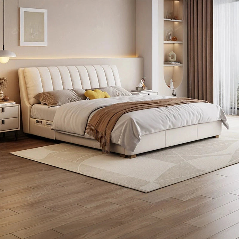 Vertical tufted headboard in matte leatherette, bed frame and new bed design in cream finish