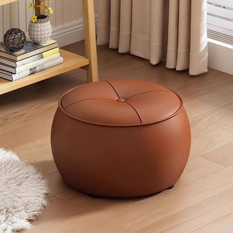 Round ottoman design with button top, pouffe chair and footrest, brown faux leather