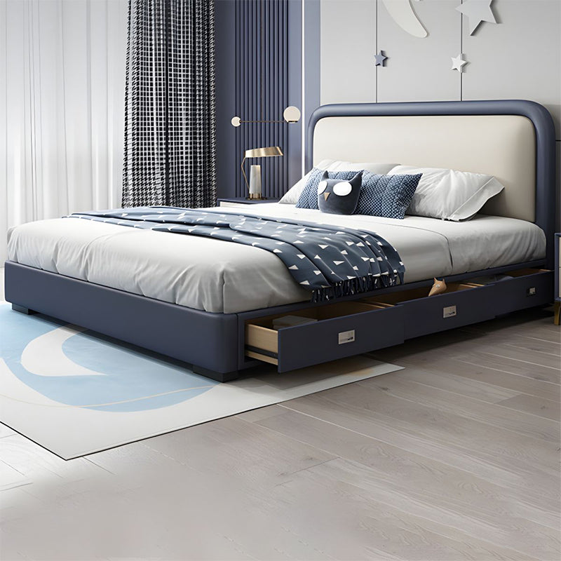 Rounded cream headboard with navy border, modern bed design, bed and cot, faux leather look