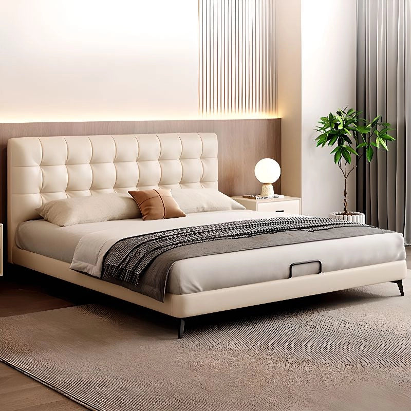 Cream tufted headboard bed, hydraulic bed + modern bed design, king size leatherette