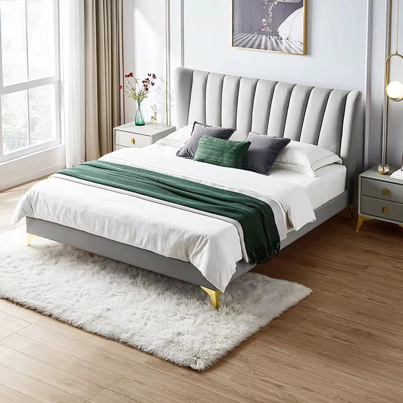 Grey velvet headboard with wing panels + bed frame + cot design