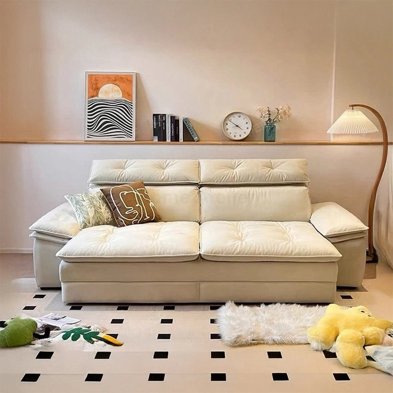 Cream beige pull-out couch with pillow arms – convertible sofa bed, sofa sleeper – 3 seater