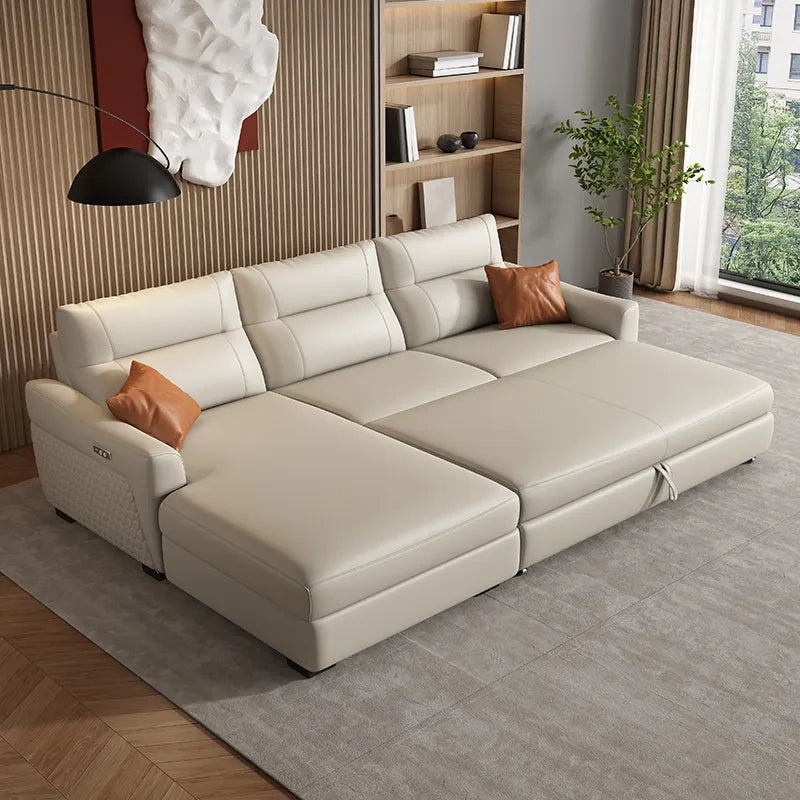 Beige faux leather sofa bed design with convertible couch bed and quilted detailing – 5 seater