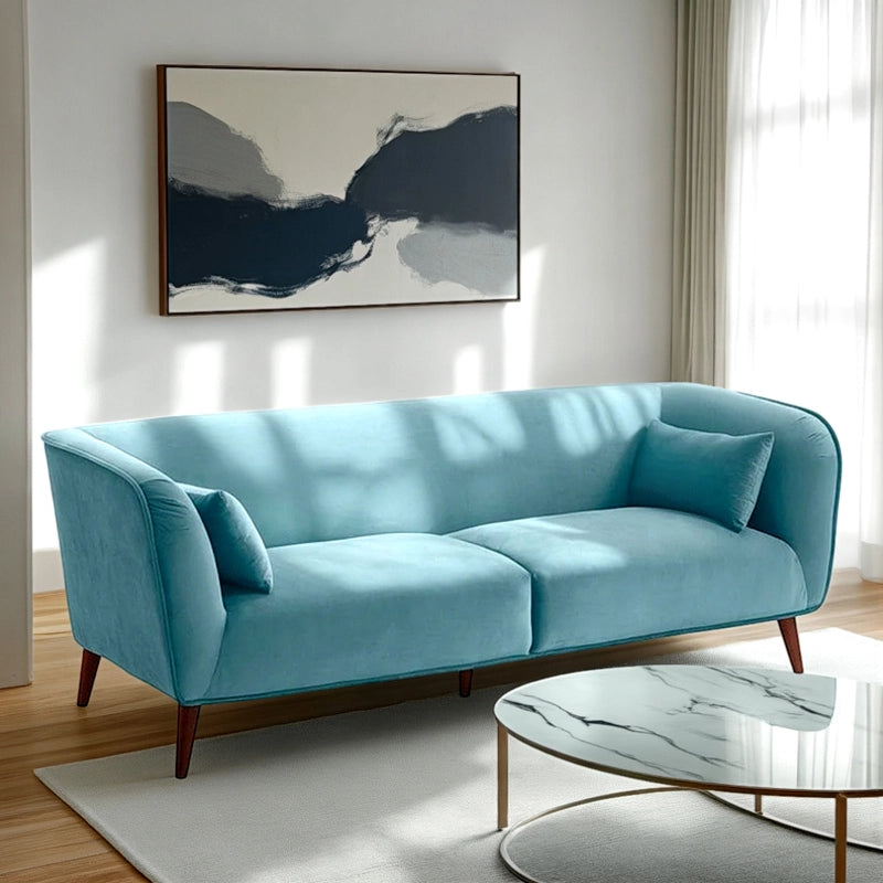 Sky blue velvet sofa with piped edges – stylish sofa design, living room sofa set, 3 seater couch