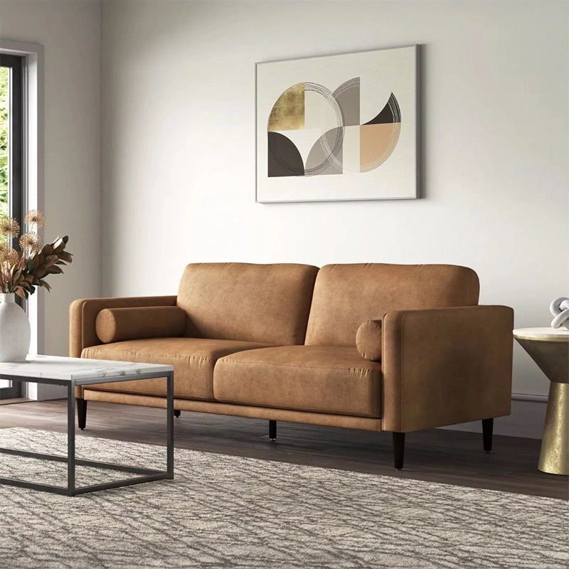 Camel brown suede finish with clean arms – stylish sofa design + fabric couch + 3 seater