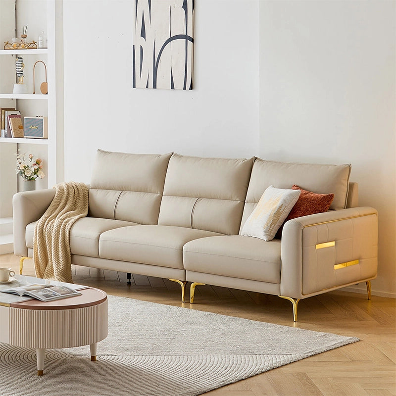 Smooth beige upholstery with gold legs, l shape couch, designed sofa set