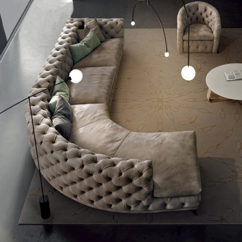 Curved velvet l shape couch with tufted backrest – velvet sofa design, premium sofa – 7 seater