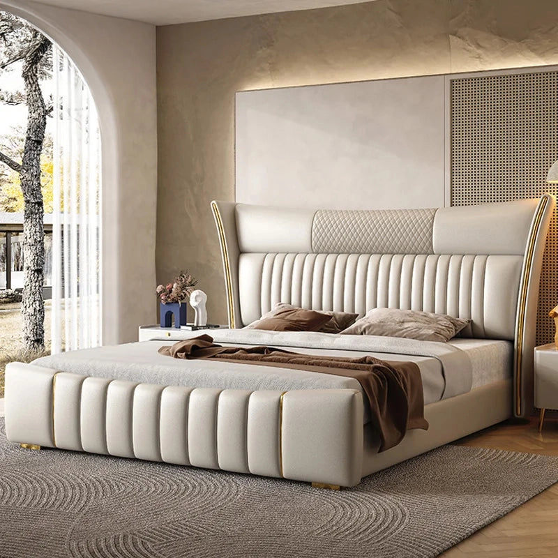 Tall wingback headboard with gold trim, modern bed design, bed frame, beige leatherette