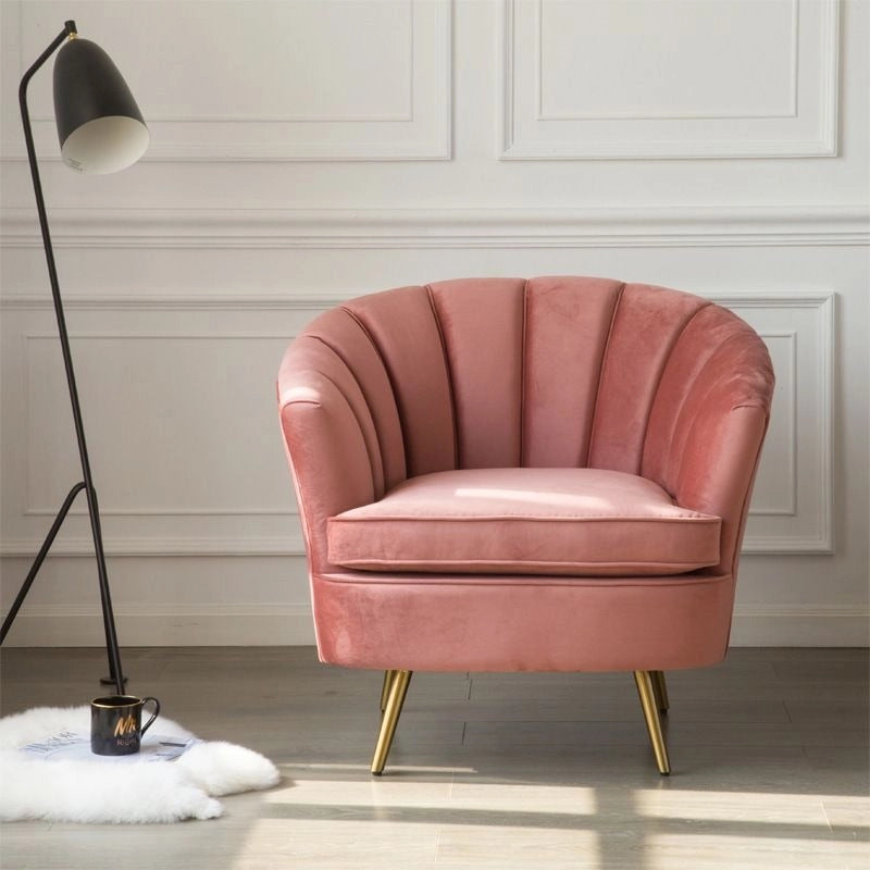 Scallop barrel back design with flared arms, living room chair, sofa armchair, velvet blush pink