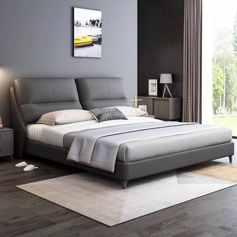 Dark grey dual-panel headboard with bed frame and new bed design in leatherette