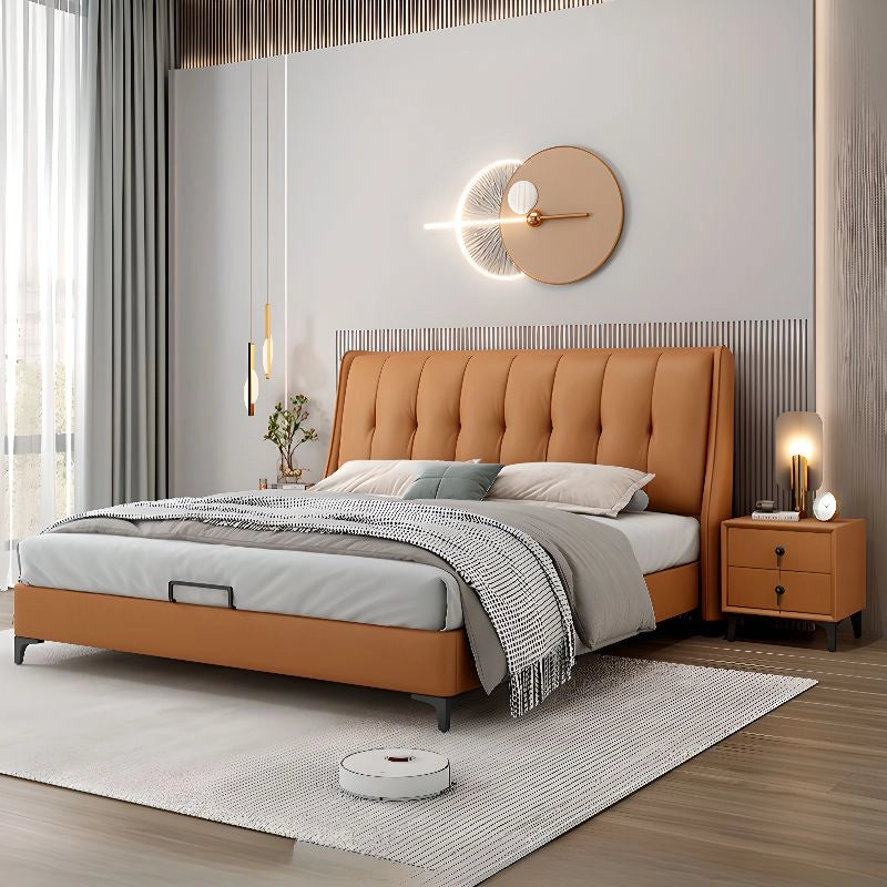 Tall tufted leatherette headboard with vertical stitching – hydraulic bed + modern bed design