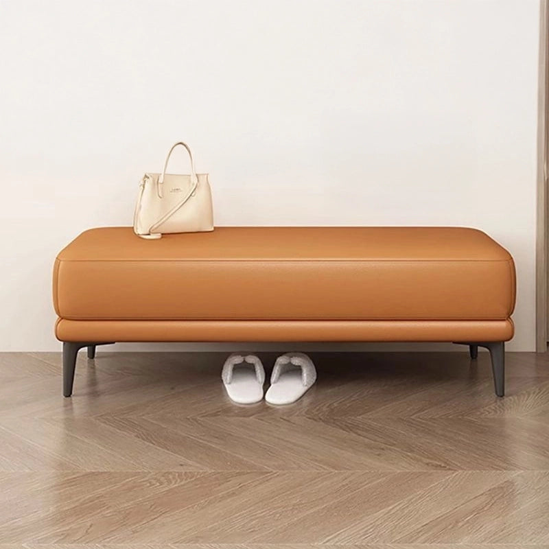 Sleek tan faux leather design bench ottoman with rectangular shape and dual-layer seat