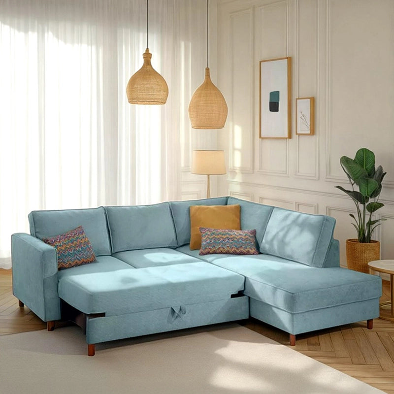 Powder blue L-shape sofa cum bed with zigzag pillows | convertible sofa bed | 5-seater velvet