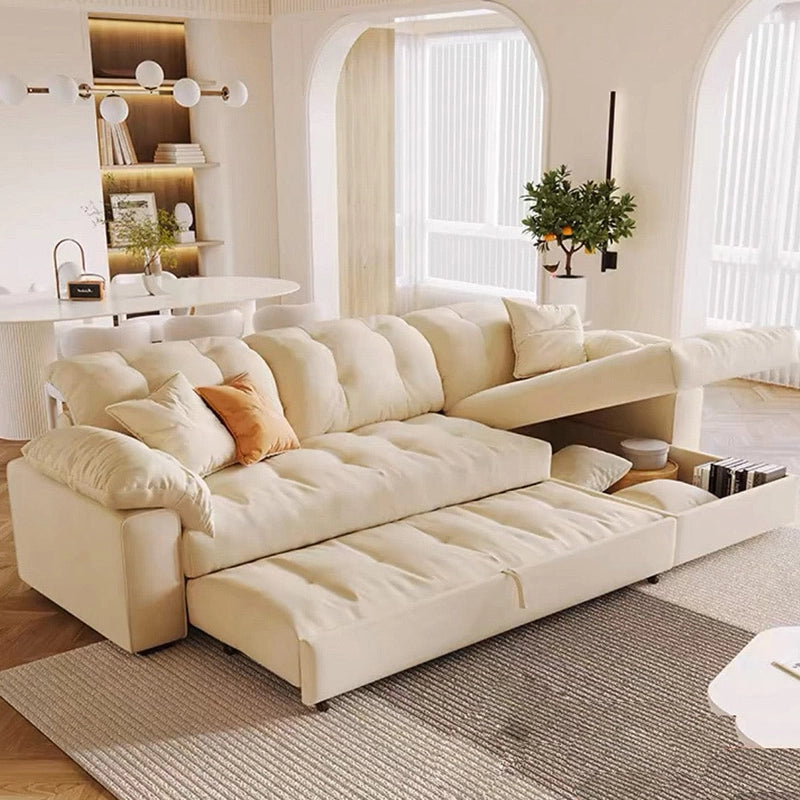 Creamy beige convertible couch sleeper + sofa cum bed design + 5-seater + fabric + L-shape