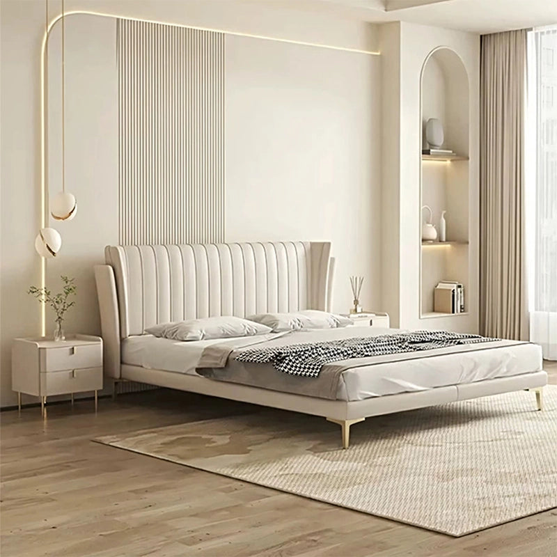 Wingback headboard with vertical panels, new bed design, master bedroom bed design, cream faux leather
