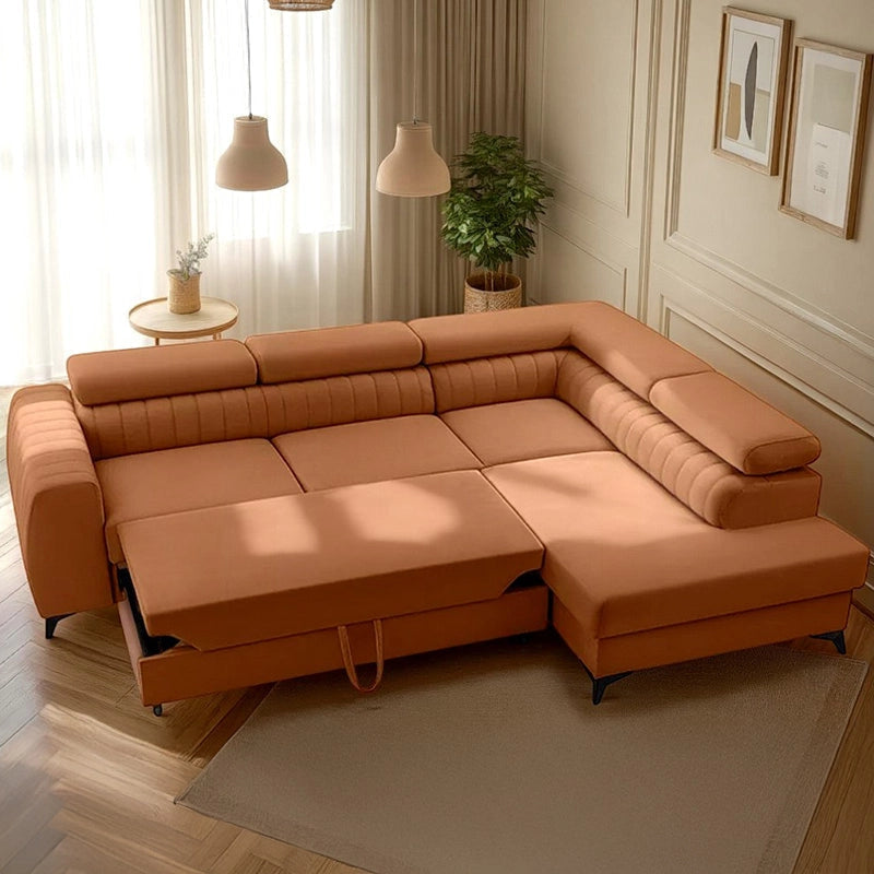 Terracotta velvet sofacumbed with channel backrest – sofa cum bed design, convertible couch bed, 5-seater