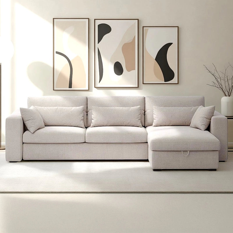 Beige L-shaped sofa cum bed with pull-out and storage – convertible settee bed, sleeper sofa