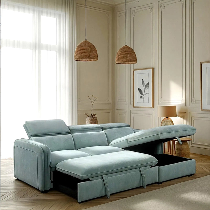 Pastel blue couch with chaise storage, l shape sofa cum bed, convertible sofa bed design