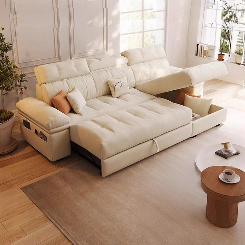 Beige L-shape design sofa cumm bed with tufting – sofa cum bed design, convertible couch bed