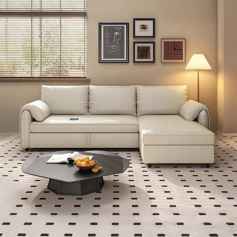 Cream L-shaped sofa bed with ottoman, sofa cum bed design, convertible couch sleeper