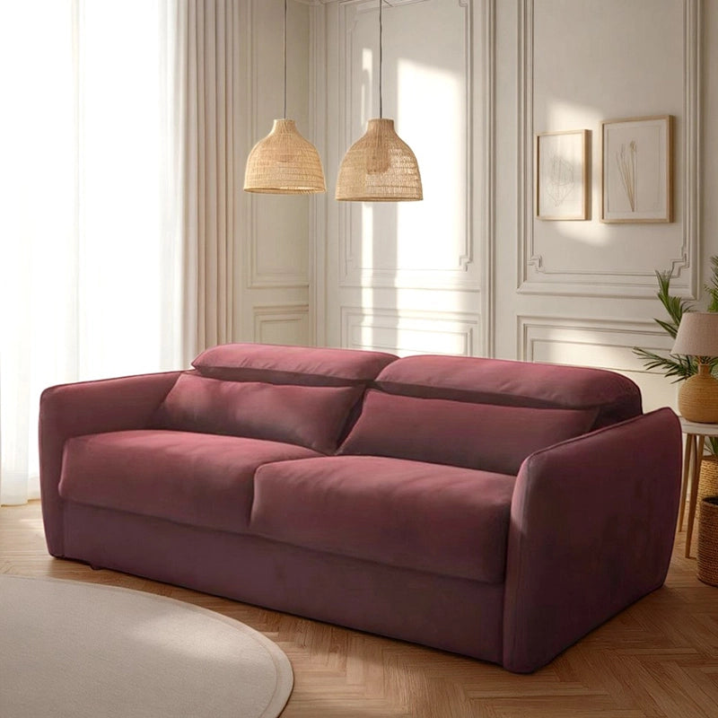 Wine red velvet couch with tri-fold base, sofa cum bed + couch sleeper, 3-seater, microfiber