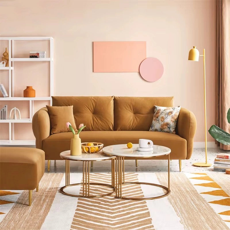 Mustard yellow couch with tufted backrest, l shape couch, design sofa set, gold metal legs