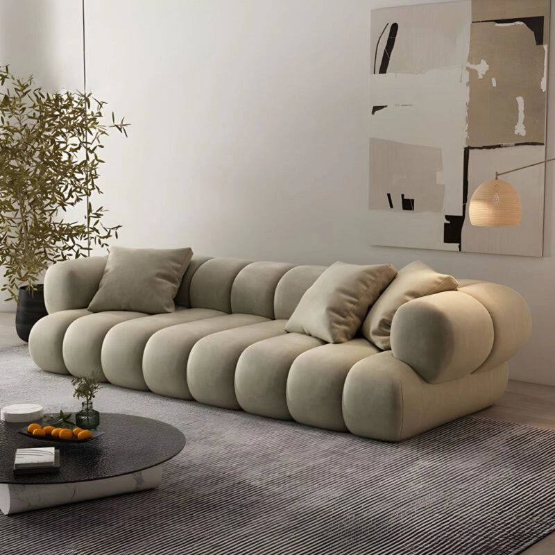 Plush channel tufted sofa photo + 4 seater sofa + stylish sofa design + olive finish