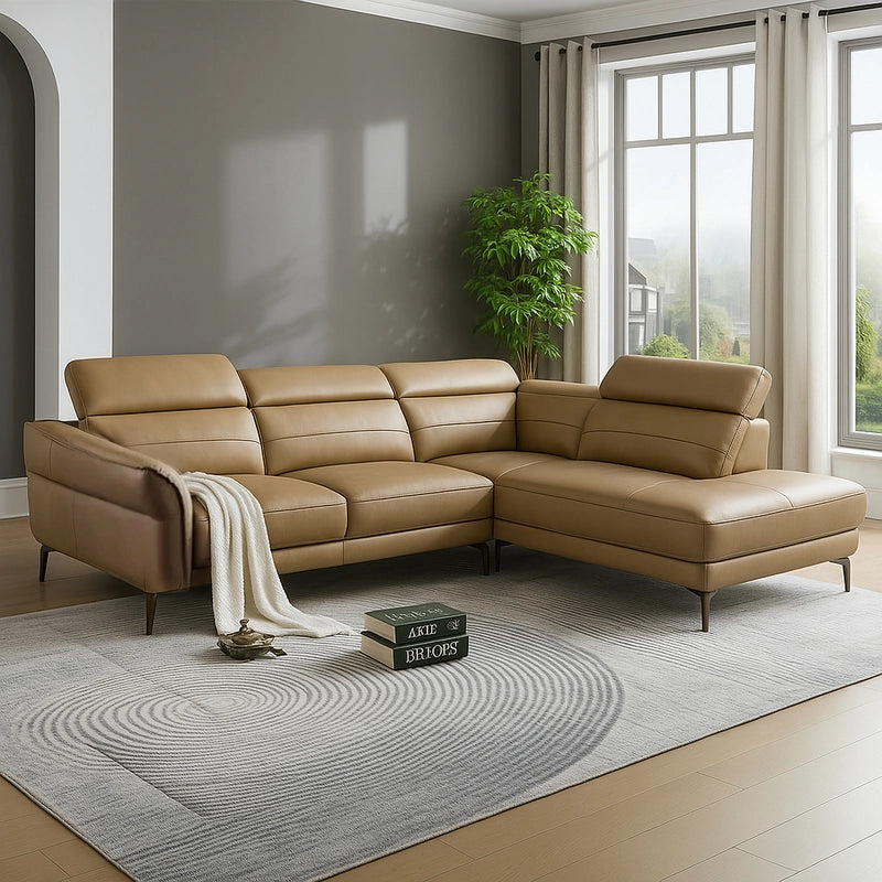 Camel tan leather design sofa set with luxury sofa design, right-hand L-shape frame