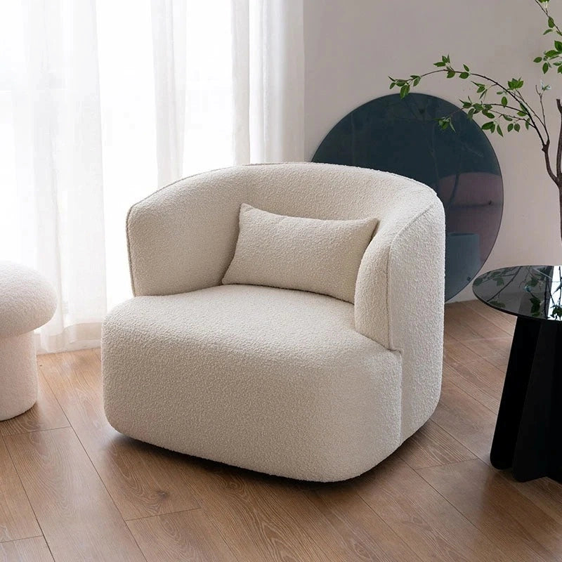 Rounded back designer lounge room chair, comfort chair, cream bouclé finish