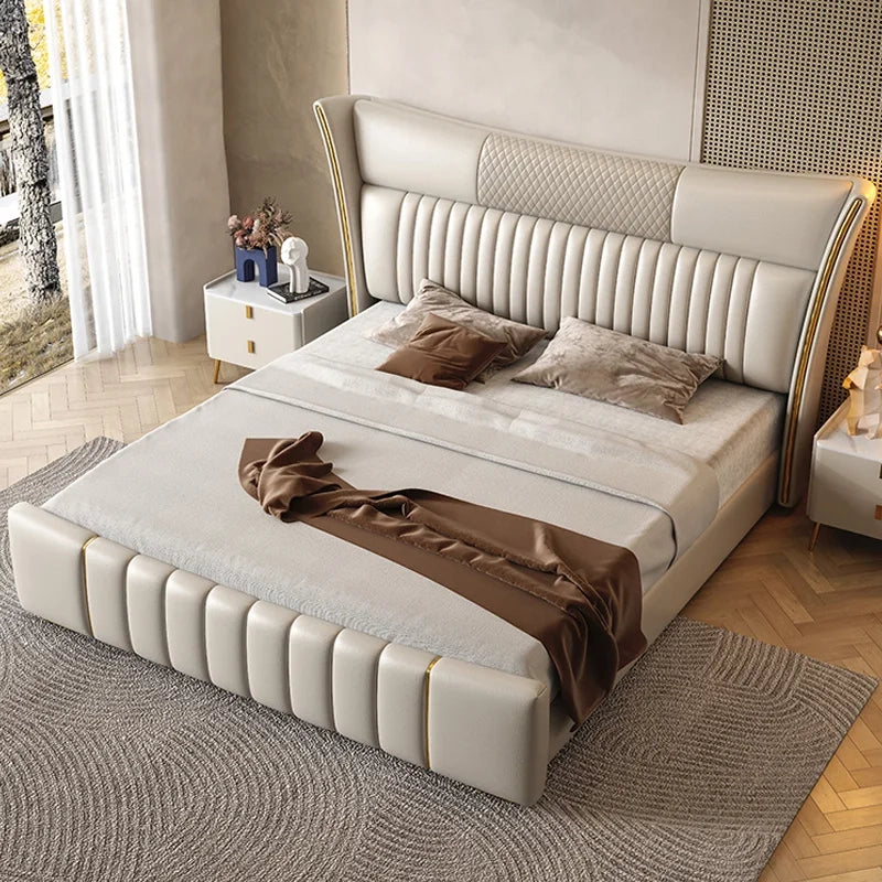 Quilted stitching on upper panel, bed and cot, new bed design, padded footboard, gold accents