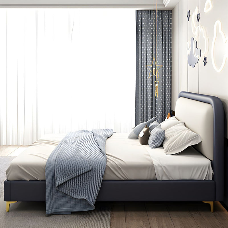 Navy upholstered frame with drawer storage, master bedroom bed design, cot design, gold legs