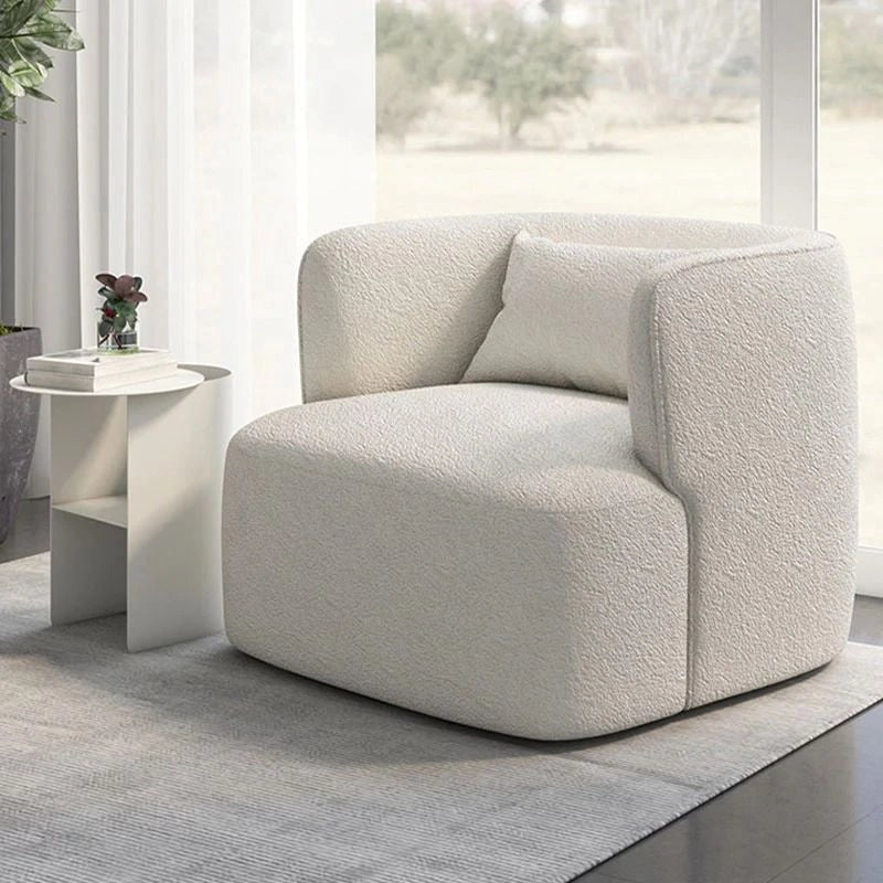 Barrel shape reading armchair, sofa armchair, off white fabric upholstery
