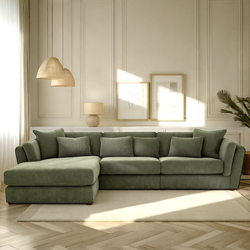Sage green 2+L seater couch with abstract cushions – sofa set design + stylish sofa design