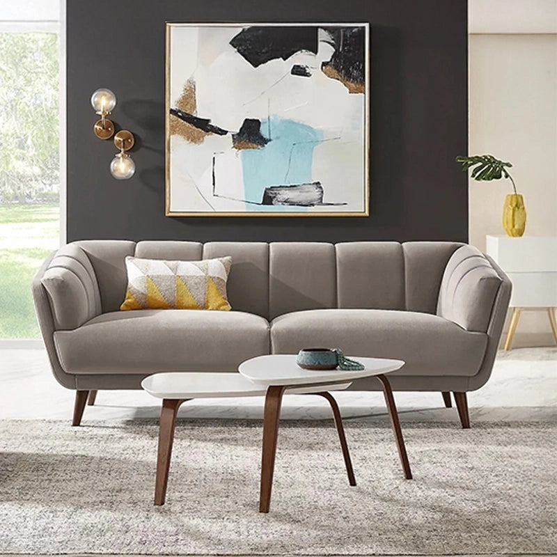 Side view photo of sloped armrest couch, designable sofa set, modern sofa design, oak leg, dark grey