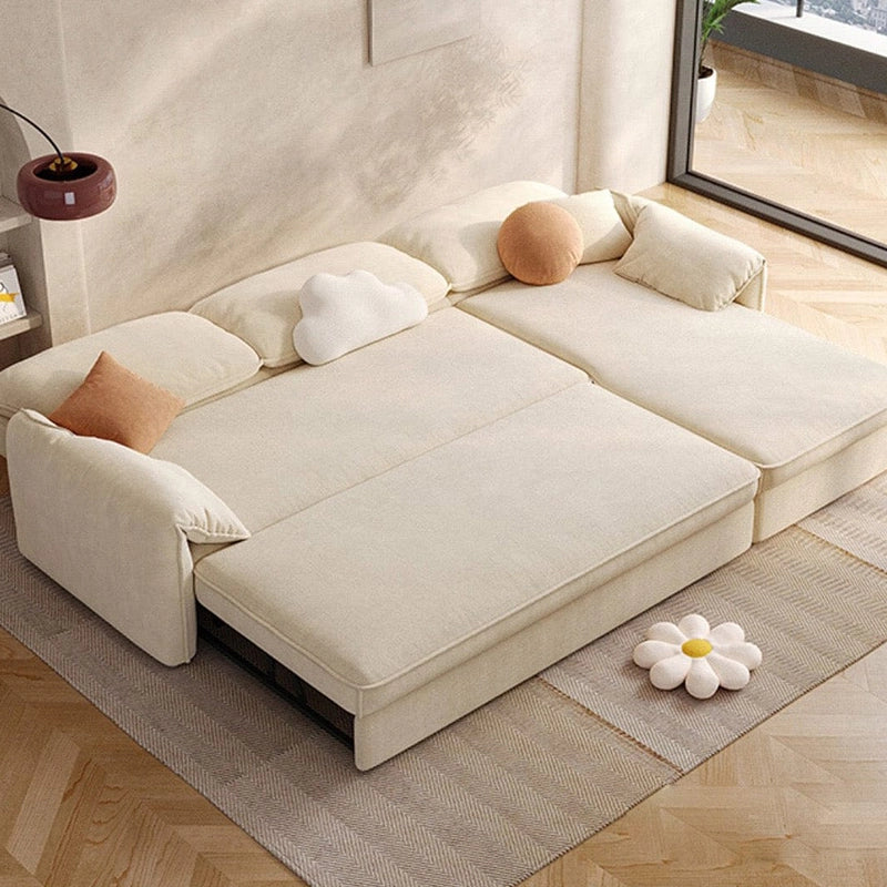 Pull-out extension detail, showing queen-size couch bed + l shape sofa cum bed, beige tone