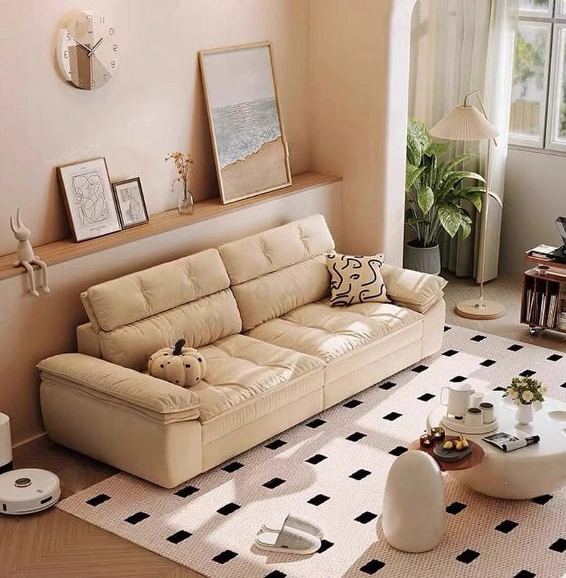 Biscuit tufted backrest with plush texture – sofa cum bed design, convertible couch sleeper – cream fabric