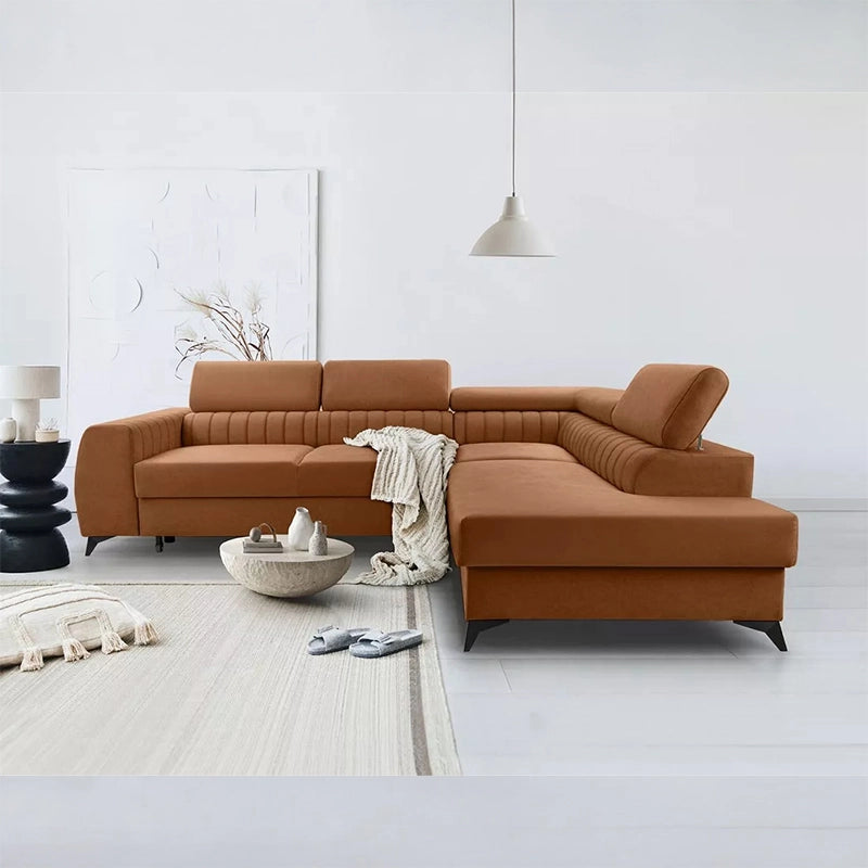 terracotta right-hand L-sofa with velvet fabric – l shape sofa cum bed, sleeper sofa, engineered wood