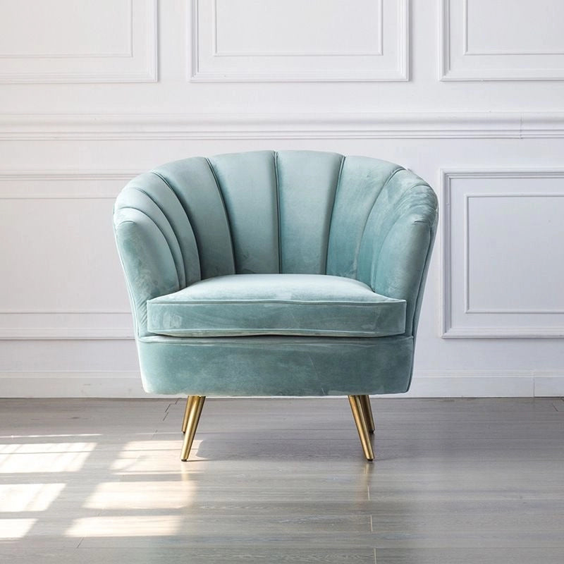Channel-tufted velvet texture in pastel blue, reading armchair, single chair, metal leg finish