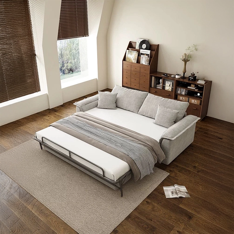 Plush cushioned couch bed picture with sofa bed design, fabric upholstery, grey tone