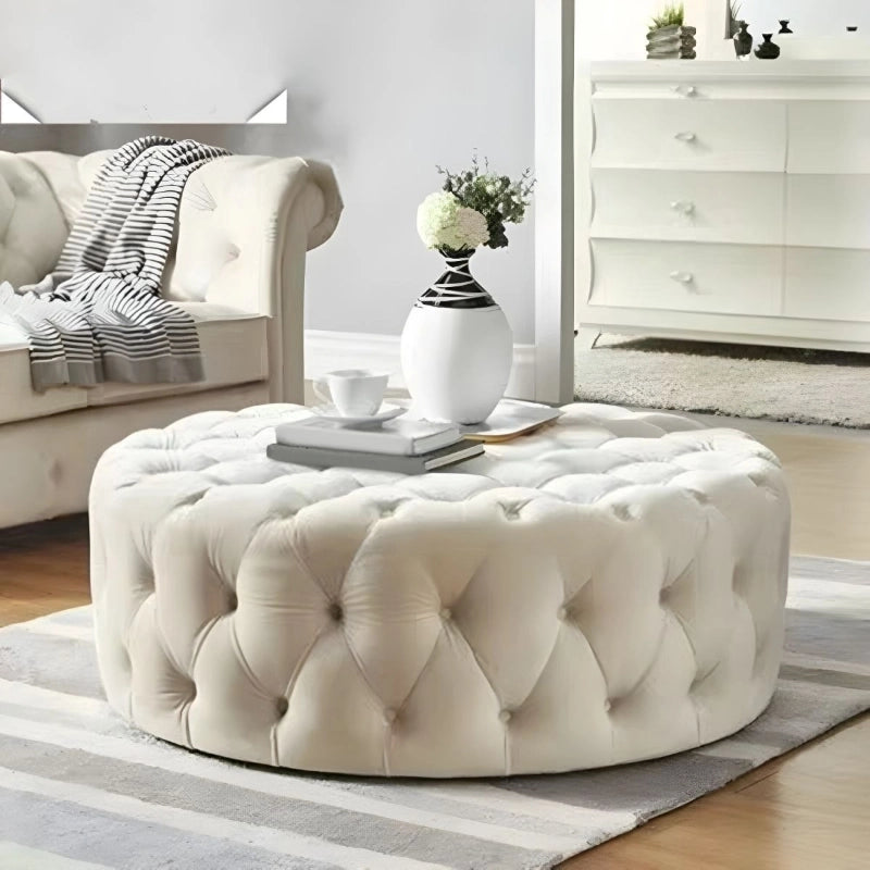 Quilted texture in closeup, living room ottoman, fabric ottoman, ivory velvet