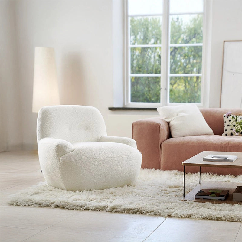 Tufted backrest in plush form – comfort chair + one seater sofa chair – boucle texture