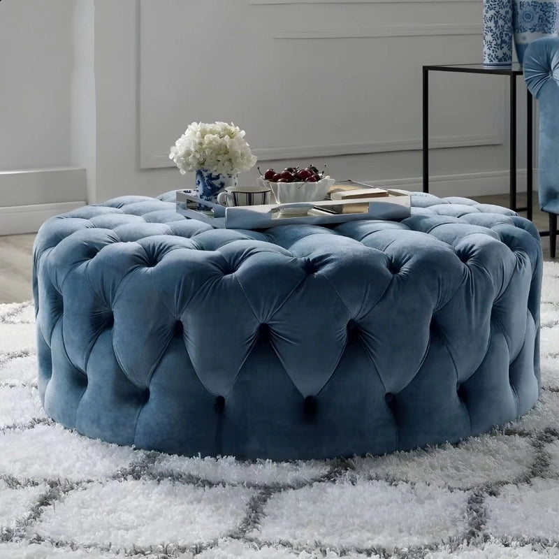 Round tufted velvet design, ottoman and benches, pouffe ottoman, navy fabric