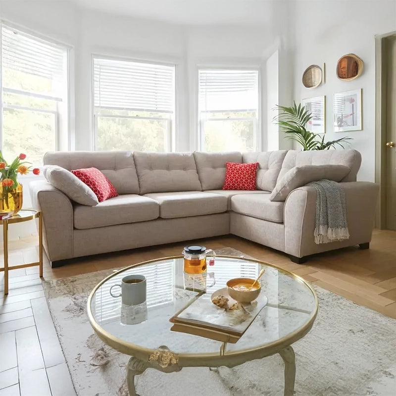 Beige fabric Inara sofa with red cushions – modern sofa design + fabric sofa – 5 seater beige