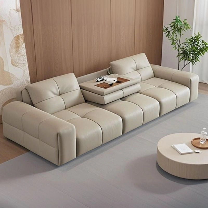 Beige faux leather sofa bed with tufted design, convertible couch sleeper, 3-seater faux leather